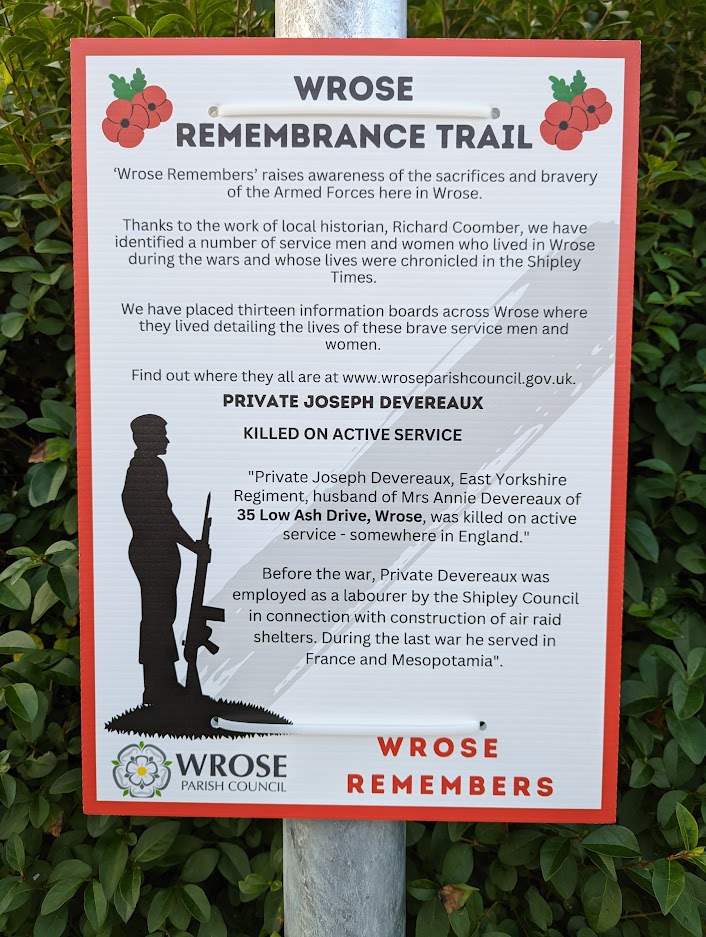Remembrance Trail poster with details of Private Joseph Devereaux