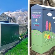 Before and after picture of decorated cable box. From green to landscape with flowers