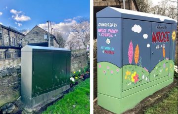 Before and after picture of decorated cable box. From green to landscape with flowers