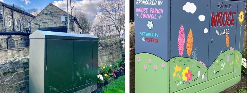 Before and after picture of decorated cable box. From green to landscape with flowers