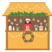 Christmas stall. Stall holder in a Santa hat.