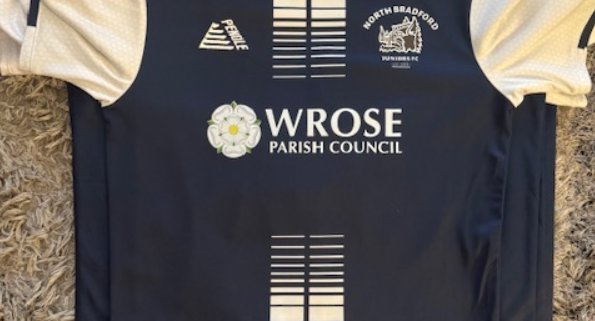 Black Football Shirt with North Bradford juniors logo and Wrose Parish Council Logo