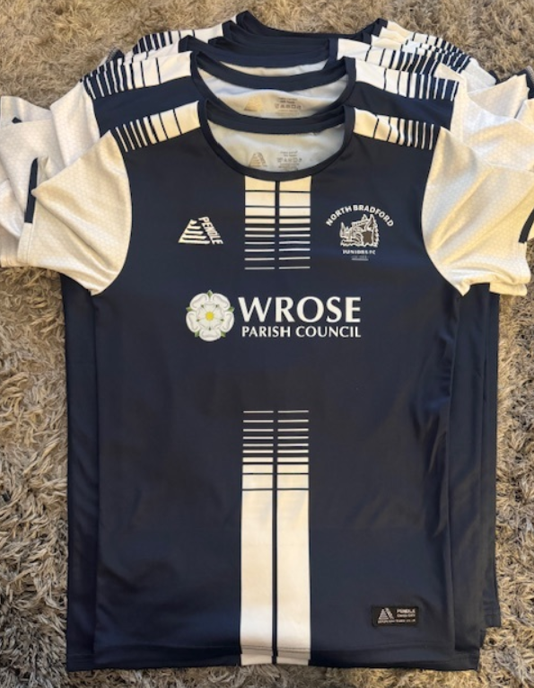 Black Football Shirt with North Bradford juniors logo and Wrose Parish Council Logo