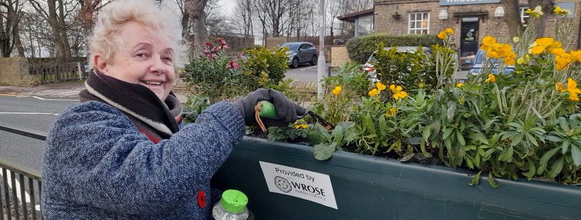 Councillor Gillian Thorne adding to the plants in the barrier baskets